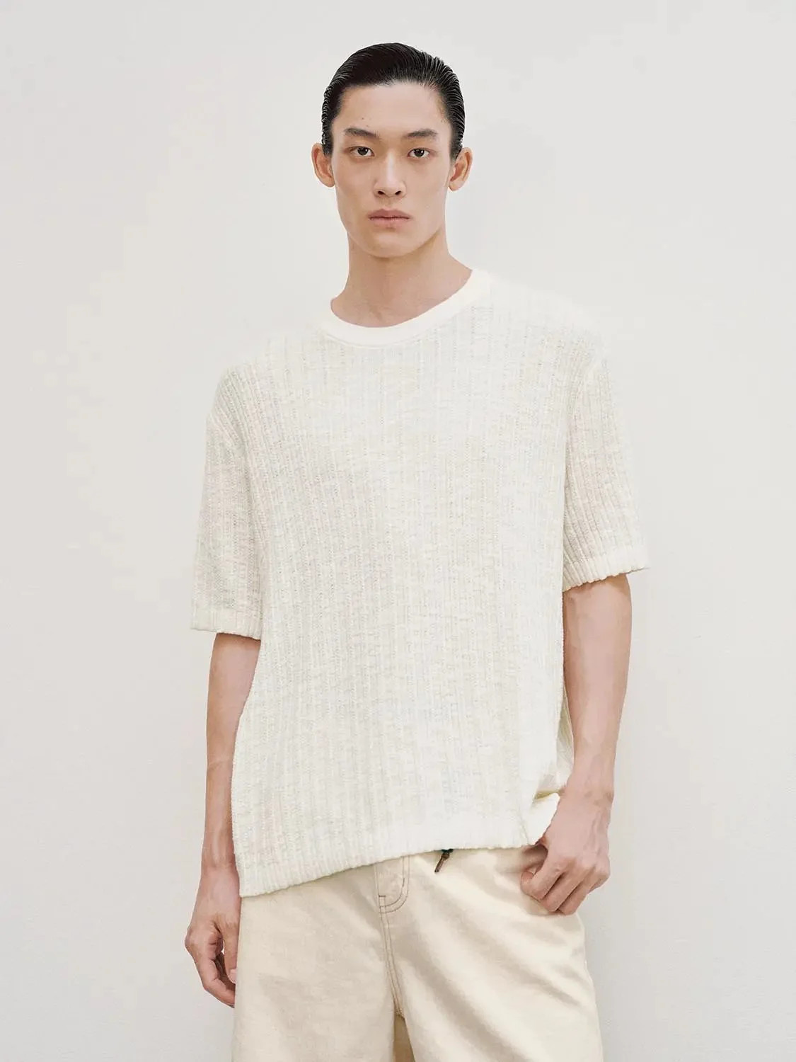 Ribbed Knit Textured Crew Neck Cotton T-shirt | Urban Revivo