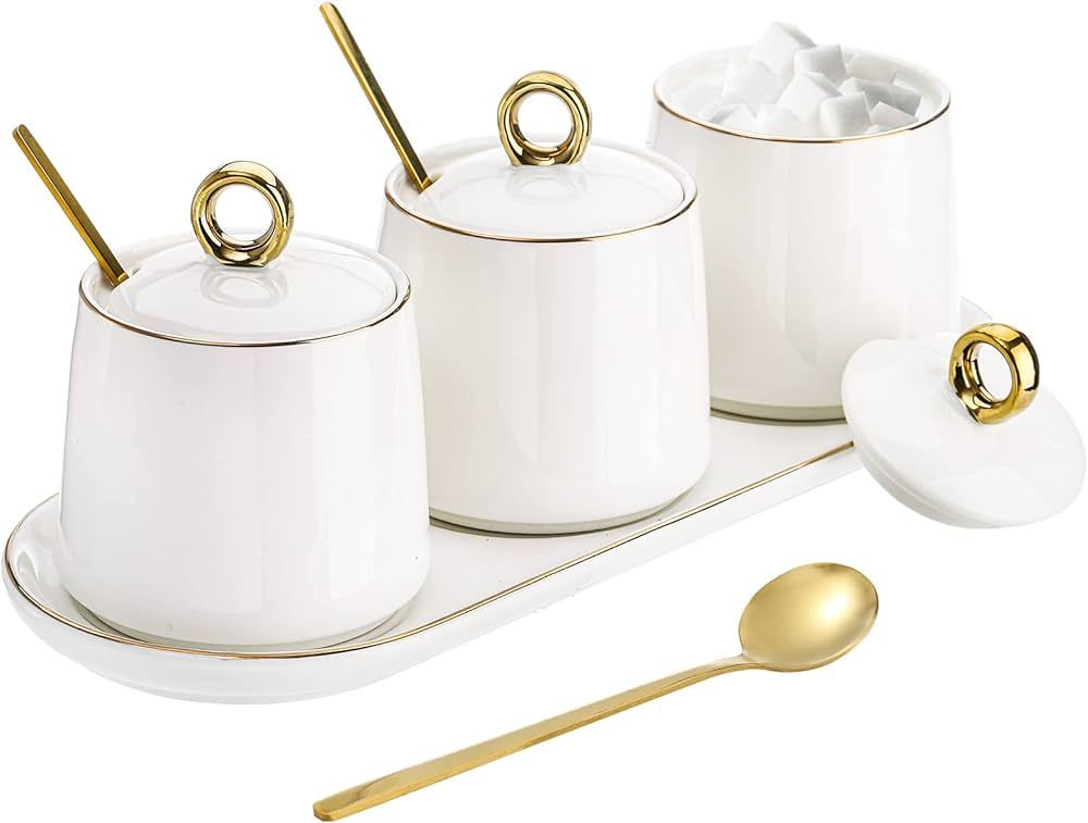 Foraineam Porcelain Sugar Bowl with Lid and Spoon Set of 3, Condiment Jar Coffee Bar Accessories,... | Amazon (US)