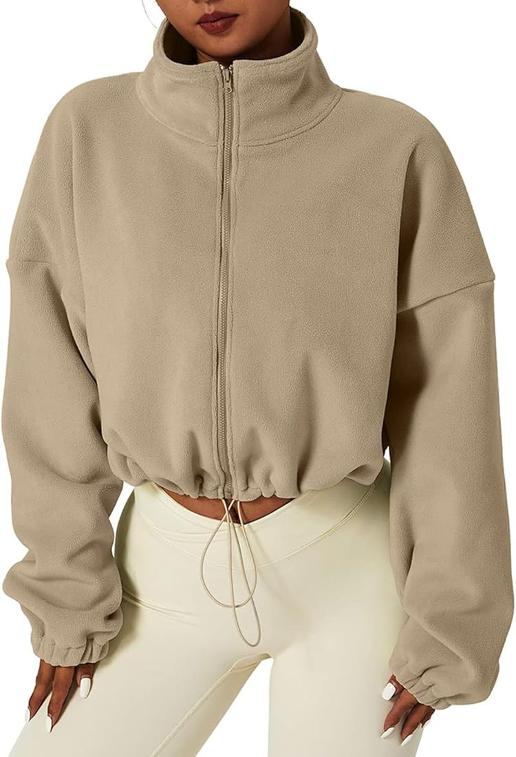 Women's Full Zip Fleece Short Jacket Warm Winter Long Sleeve Stand Collar Sherpa Crop Coat | Amazon (UK)