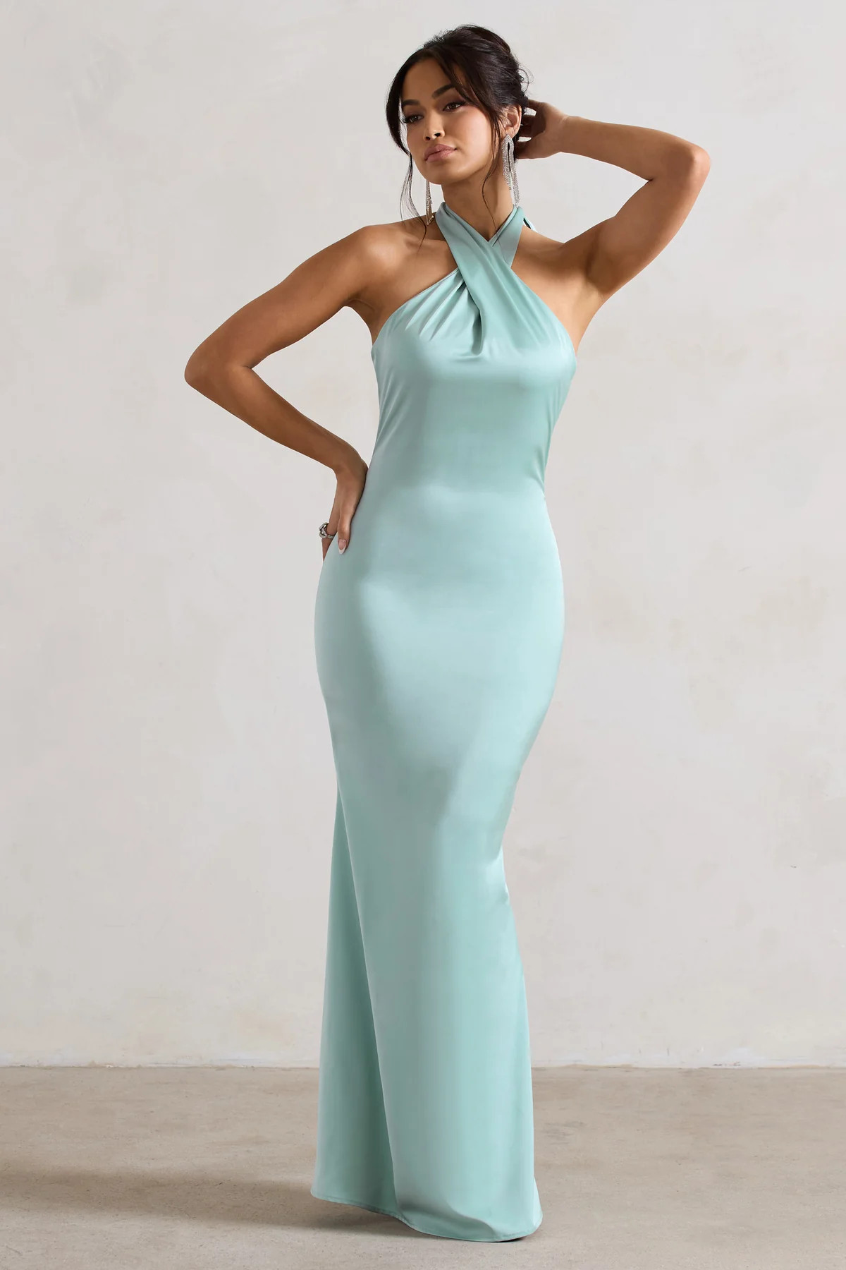 Unbeatable | Mint Green Satin Cross Over Halter-Neck Maxi Dress | Club L London