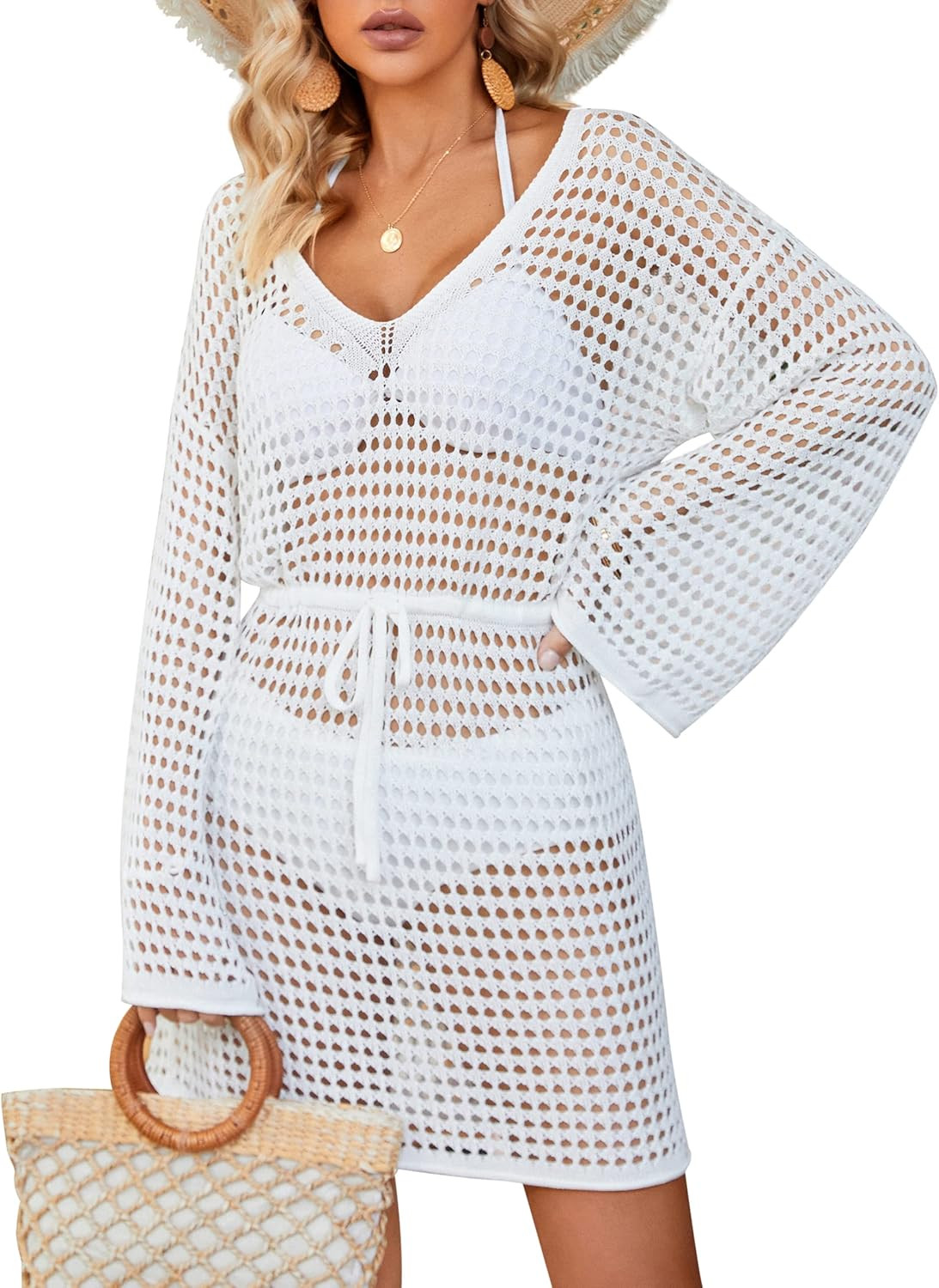 Blooming Jelly Womens Bathing Suit Cover Ups V Neck Sexy Crochet Coverups Tie Waisted Bikini Swim... | Amazon (US)