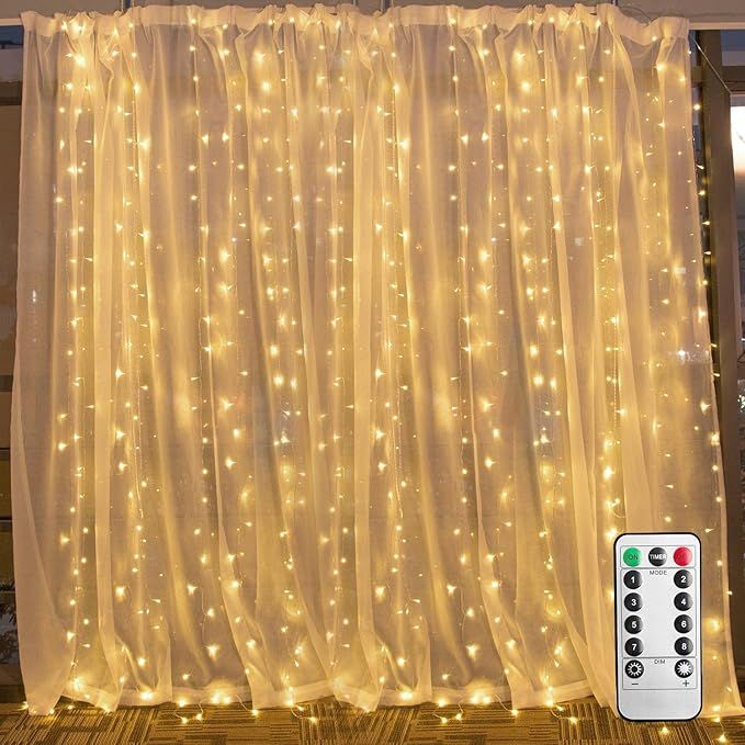 Hanging Window Curtain Lights 9.8 Feet Dimmable and Connectable with 300 Led, Remote, 8 Lighting ... | Amazon (US)