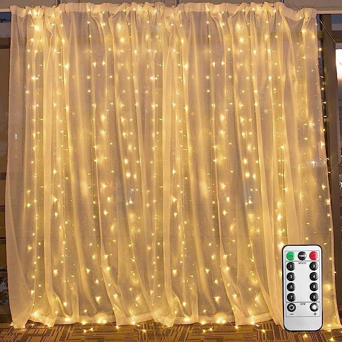 Hanging Window Curtain Lights 9.8 Feet Dimmable and Connectable with 300 Led, Remote, 8 Lighting ... | Amazon (US)