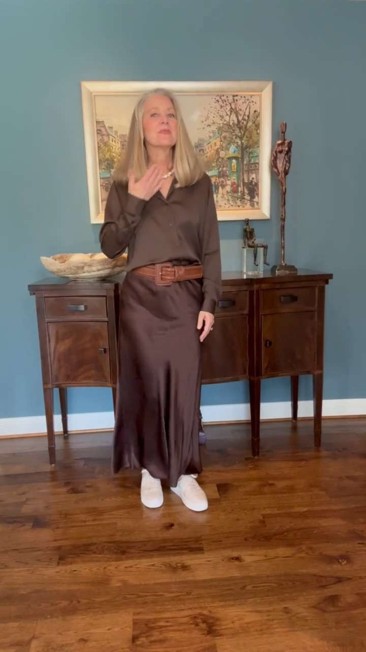 A brown silk outfit with cream sneakers? Yes please!  

 #LTKgrwm #LTKootd #LTKOver40