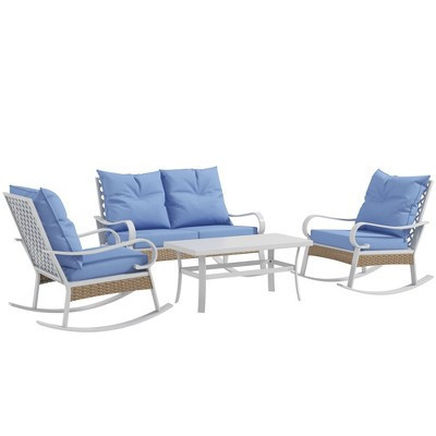 Outsunny 4 Piece Patio Furniture Set with Loveseat Sofa, Rocking Chairs, Coffee Table, Outdoor Conversation Set, Light Blue | Target