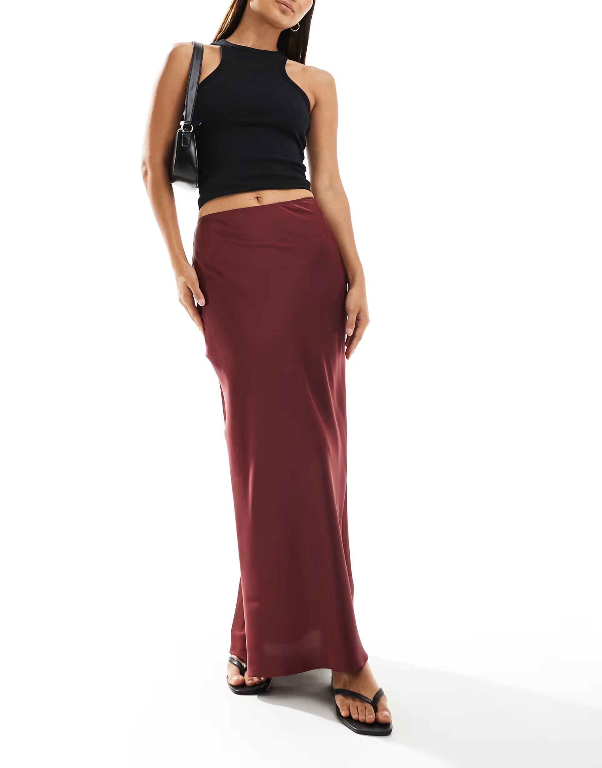 ASOS DESIGN satin bias maxi skirt in burgundy | ASOS (Global)