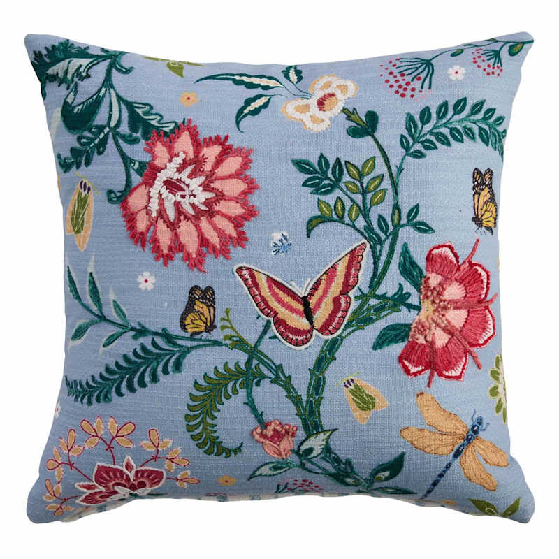 Butterfly Garden and Striped Embroidered Square Outdoor Throw Pillow, 18" | At Home