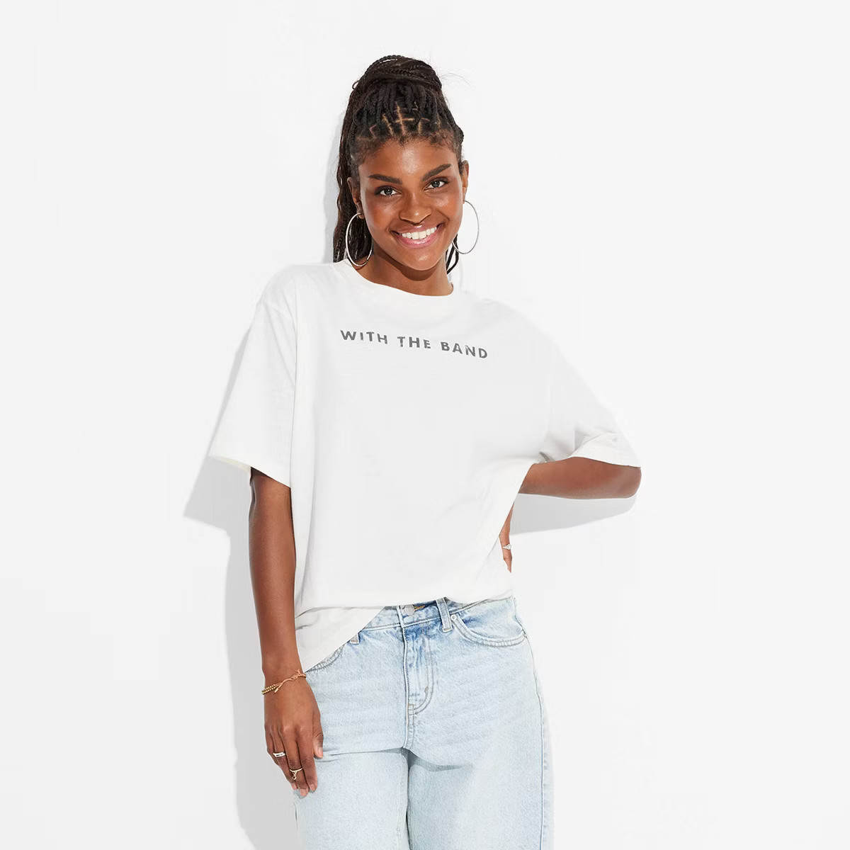 Women's With the Band Short Sleeve Graphic Boyfriend T-Shirt - Off-White | Target