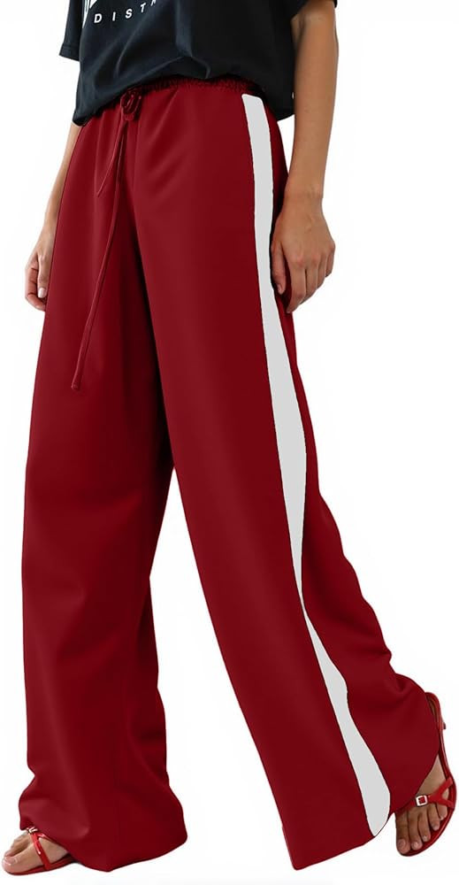 Women's Casual Pants Drawstring Leopard Print Color Block Side Striped Straight Leg Wide Leg Loos... | Amazon (US)