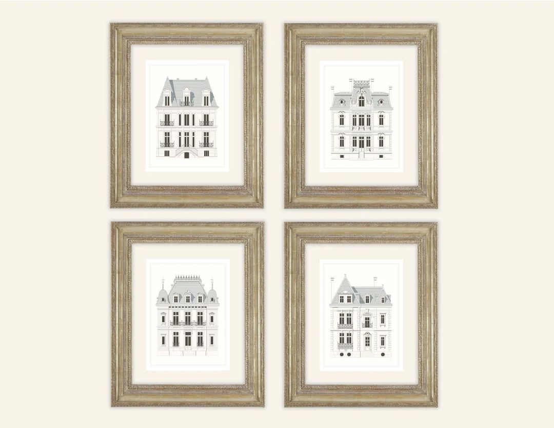 Set of 4 French White & Gray Architectural House Designs on - Etsy | Etsy (US)