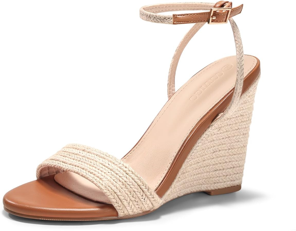 Coutgo Womens Raffia Wedge Sandals Espadrilles Open Toe Ankle Strap Summer Beach Shoes | Amazon (US)