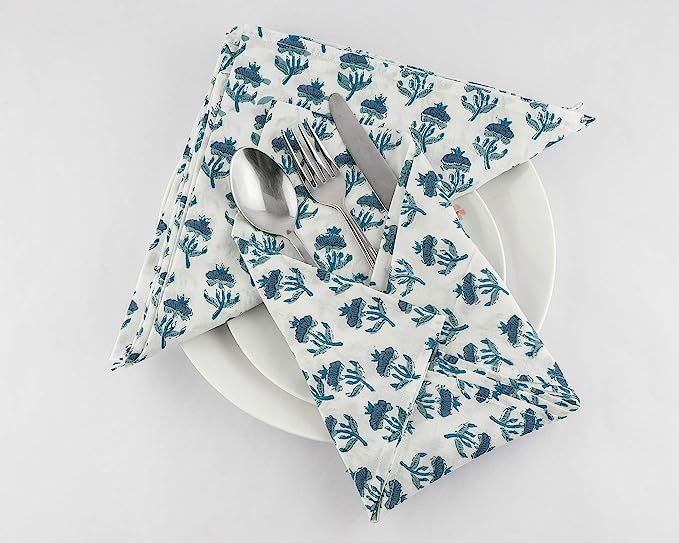 Ridhi - Cerulean, Teal and Independence Blue Floral Print Cotton Napkins, Set of 4 Dinner Napkin,... | Amazon (US)