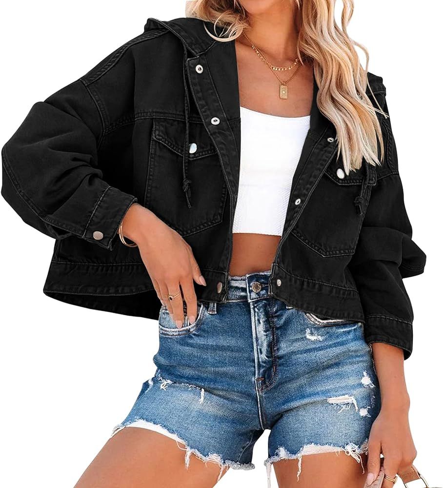 omen's Oversized Denim Jacket Long Sleeve Button Down Hooded Jean Coat with Pockets | Amazon (US)