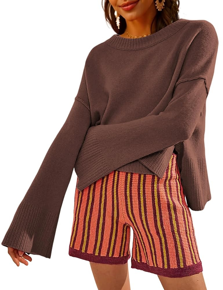 Womens Lightweight Sweaters Crewneck Bell-Style Sleeve Batwing Knit Tops Slouchy Soft Pullover Ju... | Amazon (US)