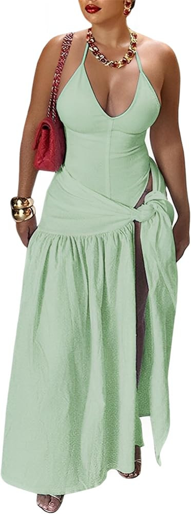 Womens Summer 2 Piece Maxi Skirt Sets Sexy Halter V Neck Backless Thong Bodysuits Wrap Beach Cove... | Amazon (US)