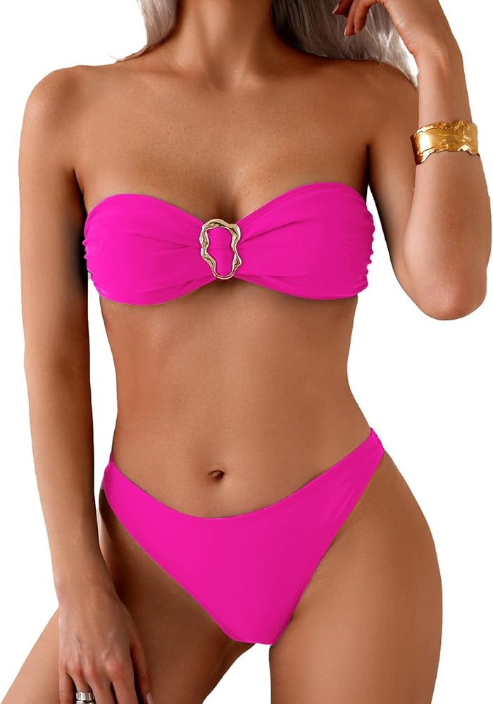 Fanuerg Women's Strapless Bandeau Bikini Sets Ring Tie Back Two Piece Swimsuit High Cut Cheeky Ba... | Amazon (US)