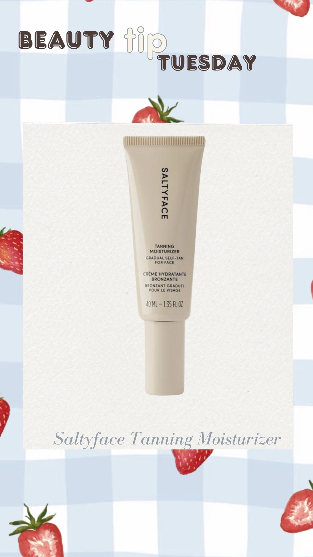 BTT
SaltyFace Tanning Moisturizer. Gradual face moisturizer that gives a subtle, natural tan. No color transfer, lightweight, nourishing and non-clogging.

#LTKSeasonal #LTKBeauty #LTKselfcare