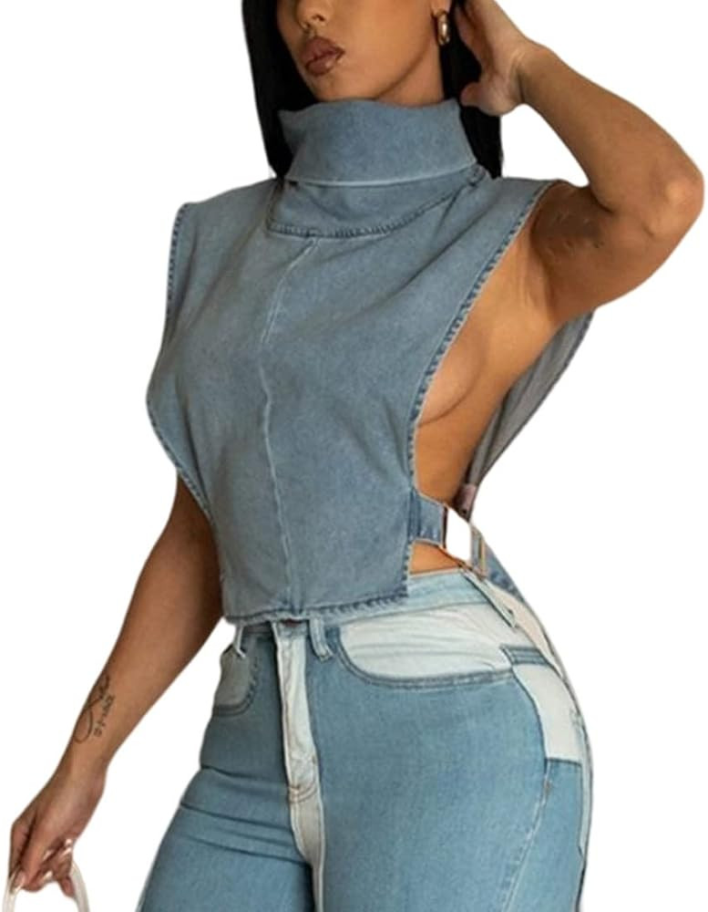 Viatabuna Denim Vest for Women Button Up Cropped Sleeveless Jean Jacket Casual Waistcoat with Che... | Amazon (US)