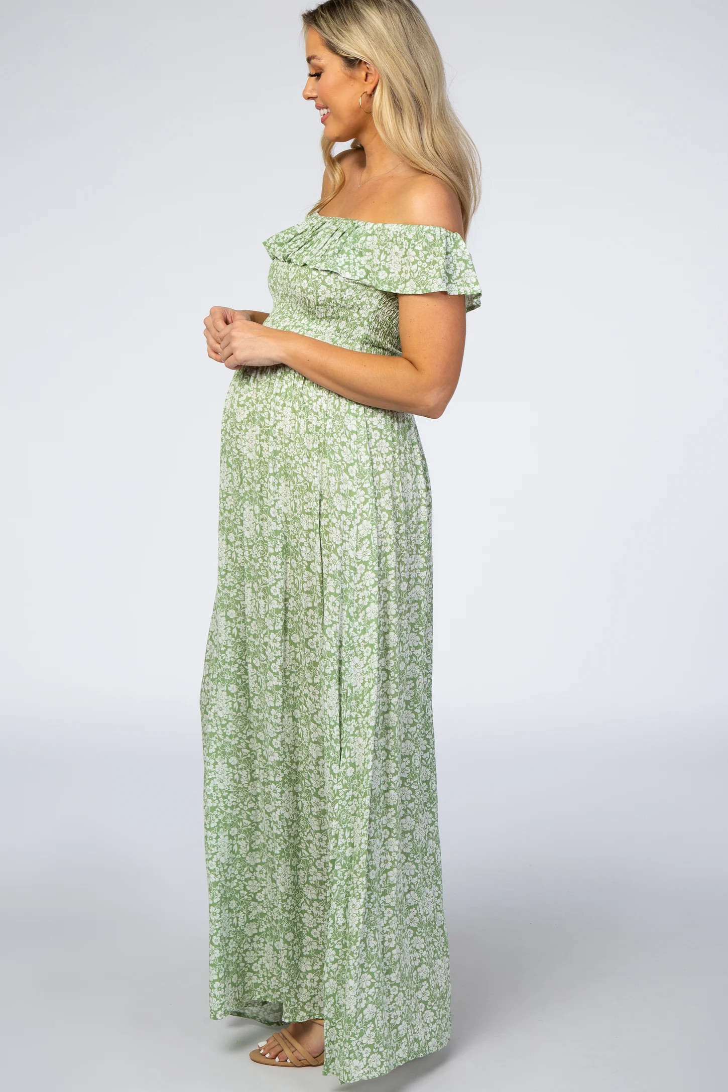 Green Floral Ruffle Off Shoulder Maternity Maxi Dress | PinkBlush Maternity