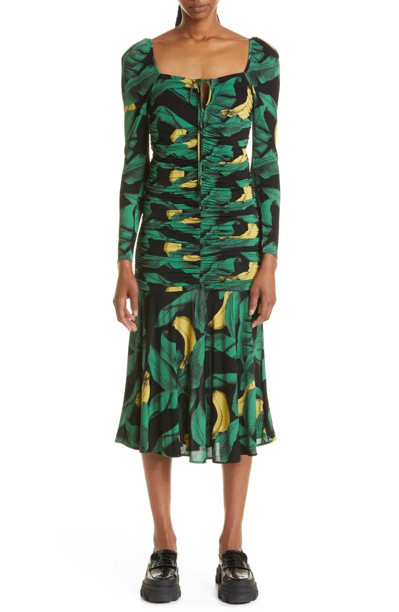 Ganni Palm Print Long Sleeve Gathered Jersey Dress | Nordstrom | Nordstrom