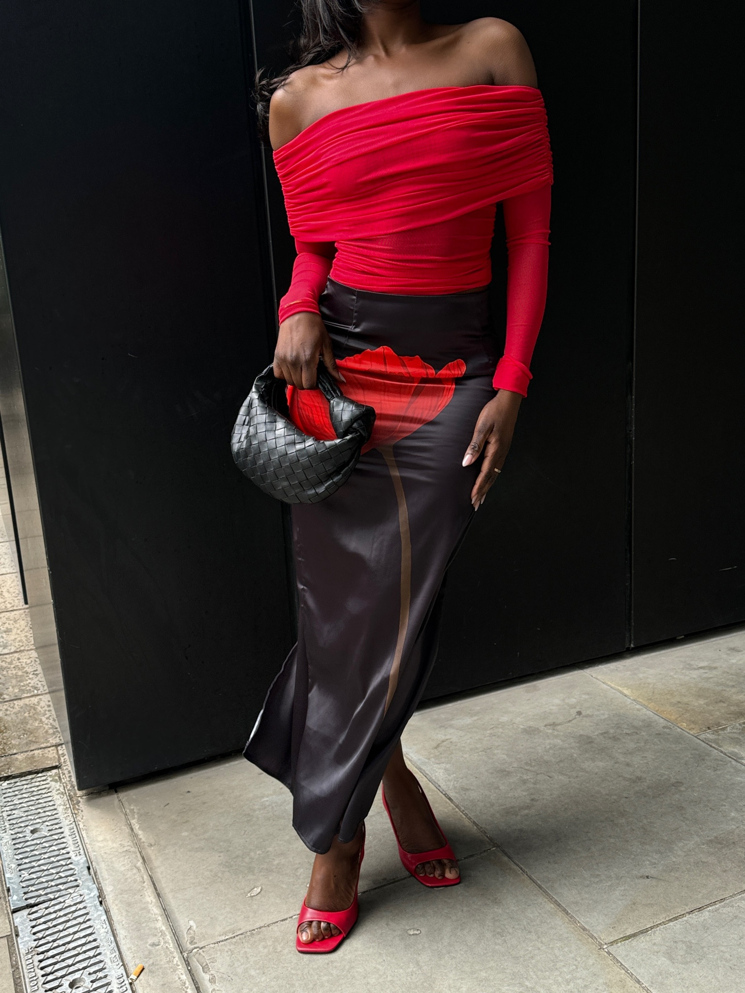 Red bardot long sleeve top, maxi silk skirt, open toe heels, crisscross leather handbag

#LTKstyletip #LTKSeasonal #LTKeurope