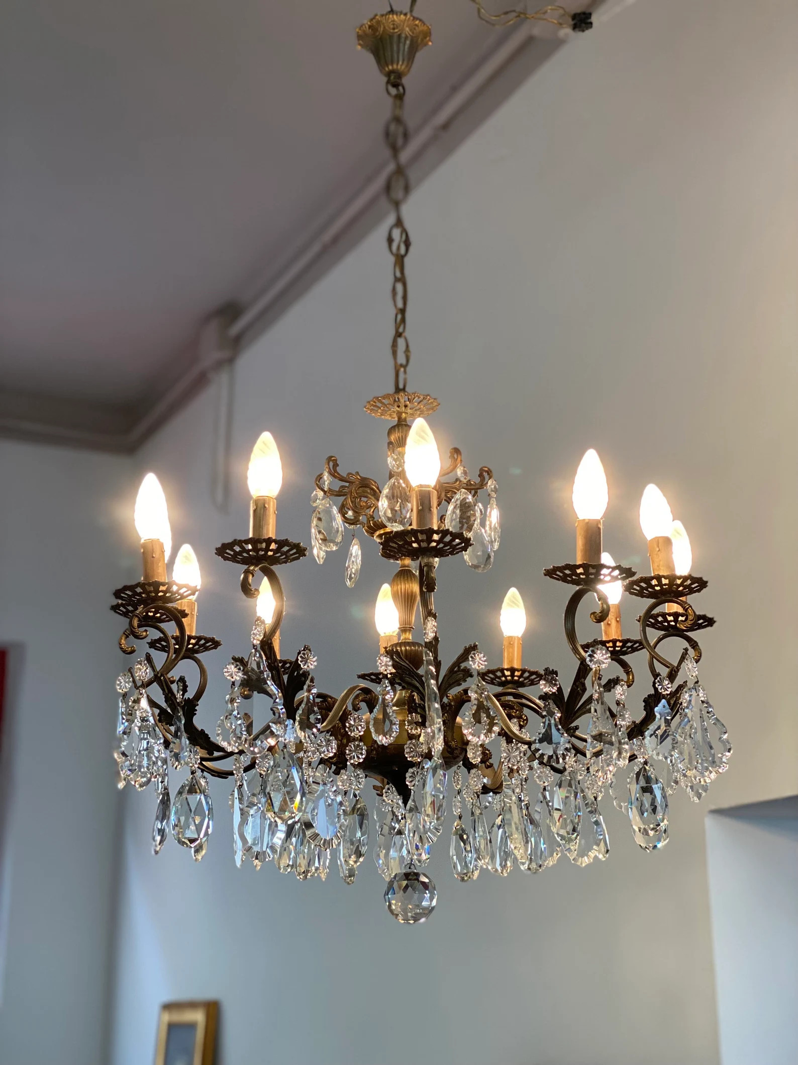 Antique Italian Bronze Chandelier With Crystal Drops Gilded Ceiling Lamp Antique Pendant Lighting... | Etsy (US)