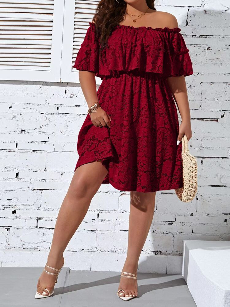 SHEIN Unity Plus Off Shoulder Ruffle Trim Lace Dress | SHEIN