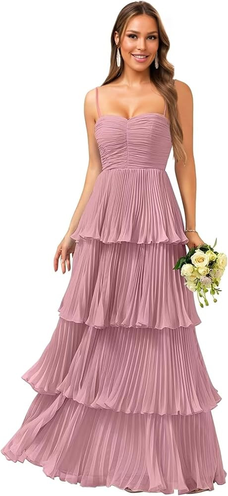 Tiered Ruffle Bridesmaid Dresses for Women Spaghetti Straps Long Chiffon Formal Evening Prom Gown... | Amazon (US)