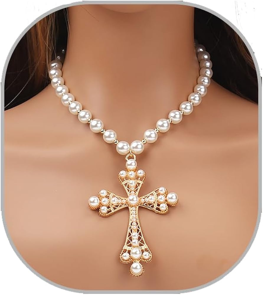Gothic Cross Necklace Layered Pearl Beads Cross Pendant Necklaces Punk Vintage Cross Chain Neckla... | Amazon (US)