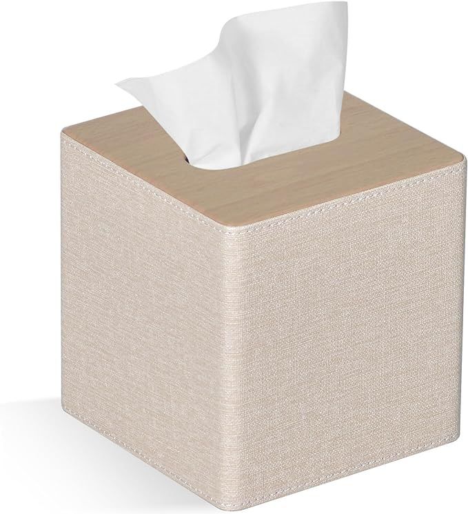 Tissue Box Cover Square PU Leather Facial Tissue Box Holder for Dresser Bathroom Decor (Beige) | Amazon (US)