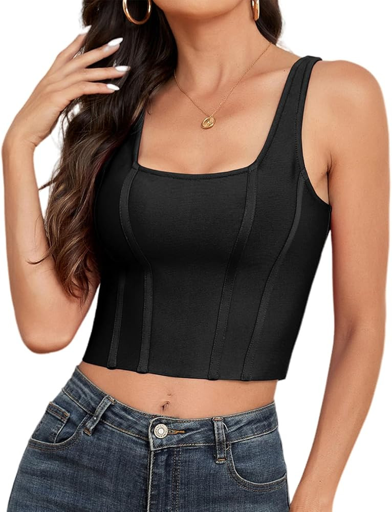 UONBOX Women's Sleeveless Tank top Corset Summer Square Neck Bandage Crop Tops | Amazon (US)