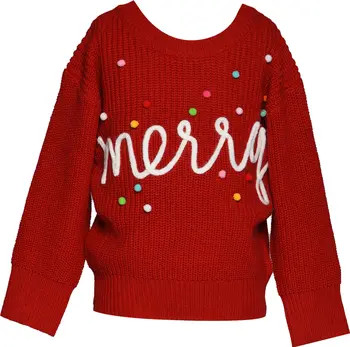 Kids' Merry Holiday Pompom Embellished Graphic Sweater | Nordstrom