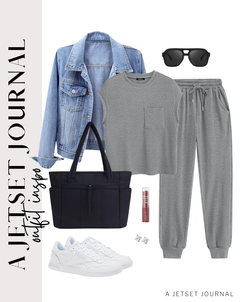 This gray two-piece matching set is what I would wear on an airplane. I can layer it with a button-down denim jacket. I also love using this e.l.f. Hydrating core lip shine. Wear a Reebok sneaker and sunnies to finish the look. 

 #LTKSeasonal #LTKSaleAlert
