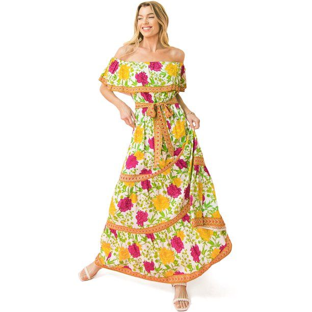 Flying Tomato Women's Bright Floral Off Shoulder Maxi Dress | Walmart (US)