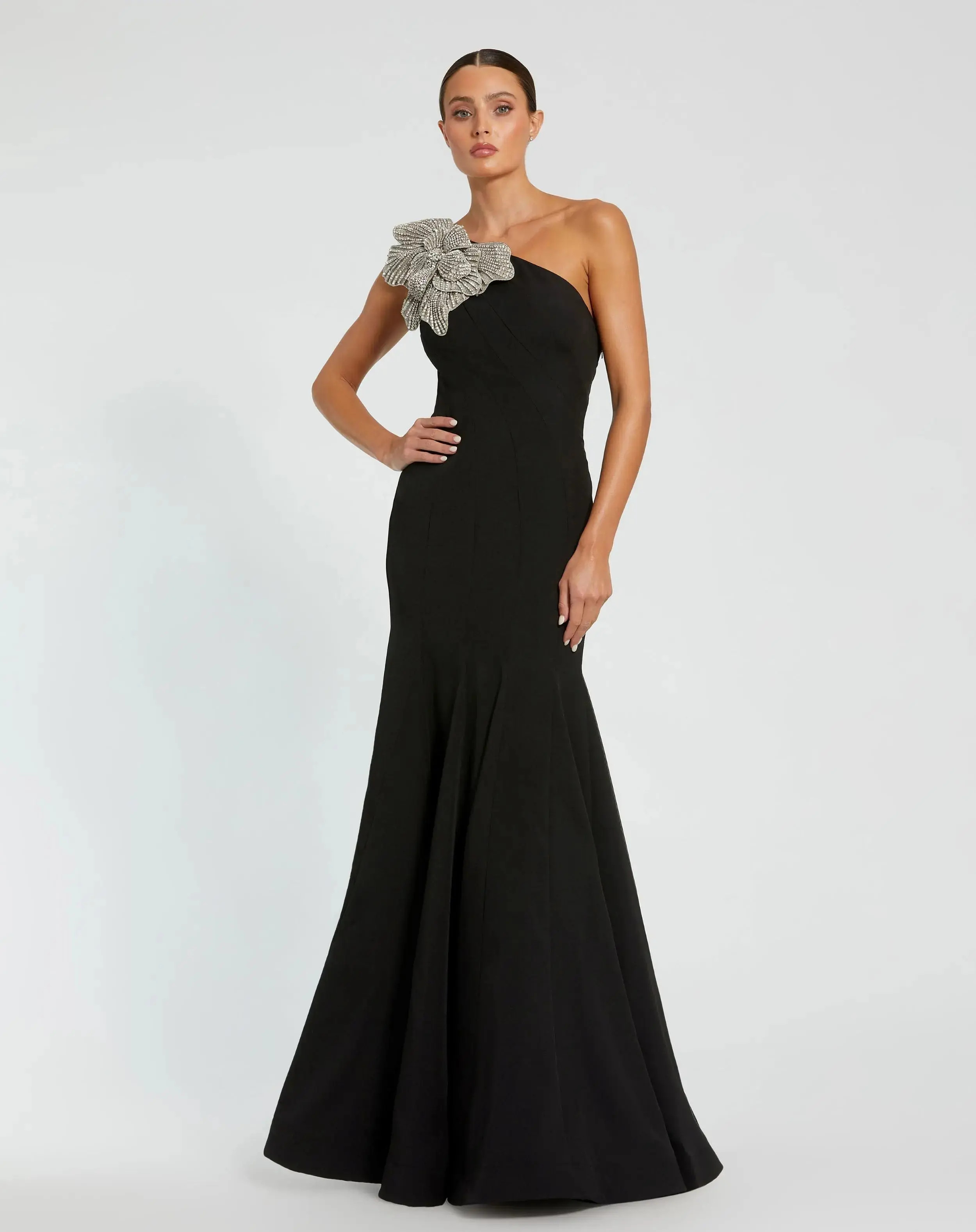 Black Crepe One Shoulder Gown With Crystal Flower - Mac Duggal | Mac Duggal