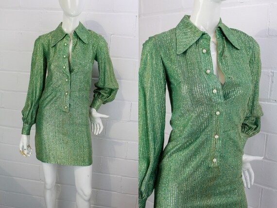 Vintage 1970s Mod Metallic Green Mini Dress Oversized Collar | Etsy | Etsy (US)