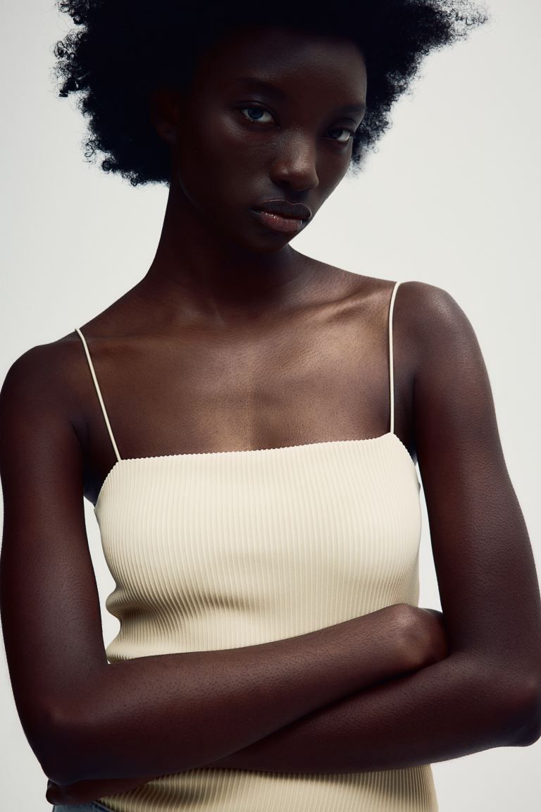 Bodysuit with Extra-narrow Shoulder Straps - Square Neckline - Sleeveless - Pale yellow - Ladies ... | H&M (US + CA)