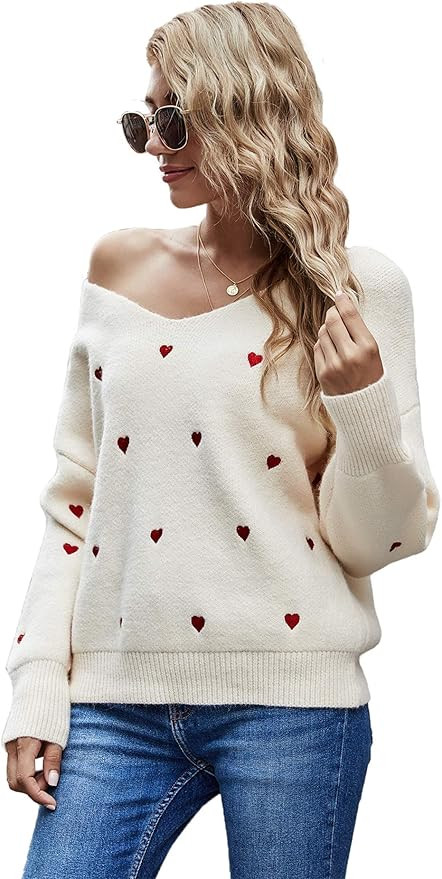 Elysa Kees Womens V Neck Valentine Sweater Heart Print Furry Pullover Knitwear Long Sleeve Embroi... | Amazon (US)
