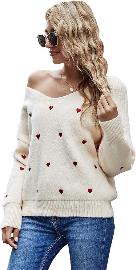 Elysa Kees Womens V Neck Valentine Sweater Heart Print Furry Pullover Knitwear Long Sleeve Embroi... | Amazon (US)
