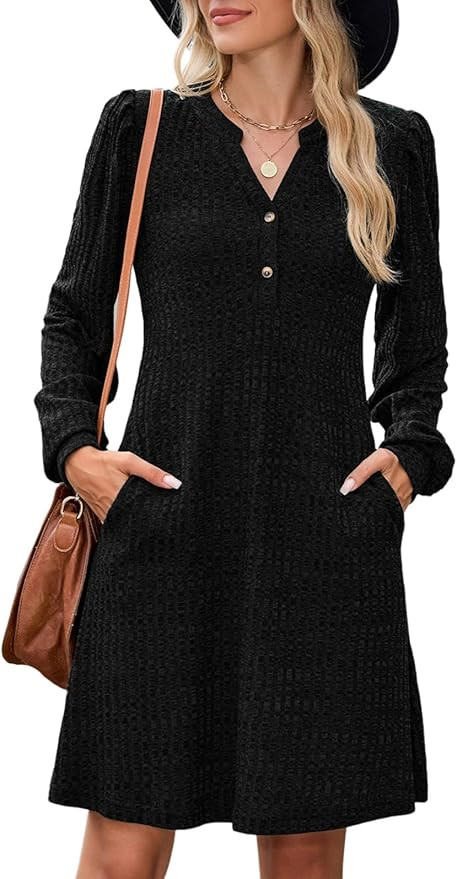 ZAFUL Womens Long Sleeve Fall Dresses with Pockets V Neck Button Casual Bodydoll Knit Sweater Dre... | Amazon (US)