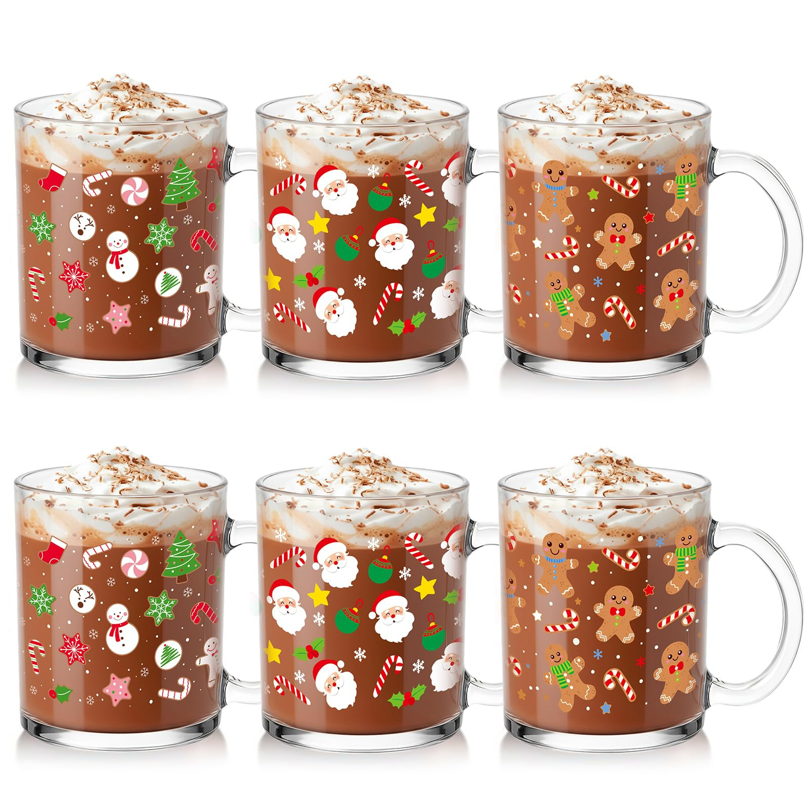 Vesici 6 Set Christmas Glass Mugs Gift 12Oz Christmas Winter Coffee Mugs Bulk with Handle Santa G... | Amazon (US)