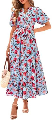 BTFBM Summer Dresses for Women 2026 Boho Short Sleeve V Neck Button Belt Flowy Spring Clothes Bea... | Amazon (US)