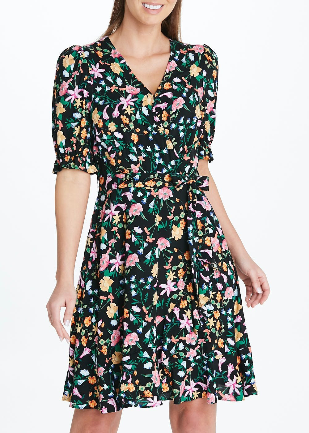 Floral Mini Wrap Dress – Black | Matalan (UK)