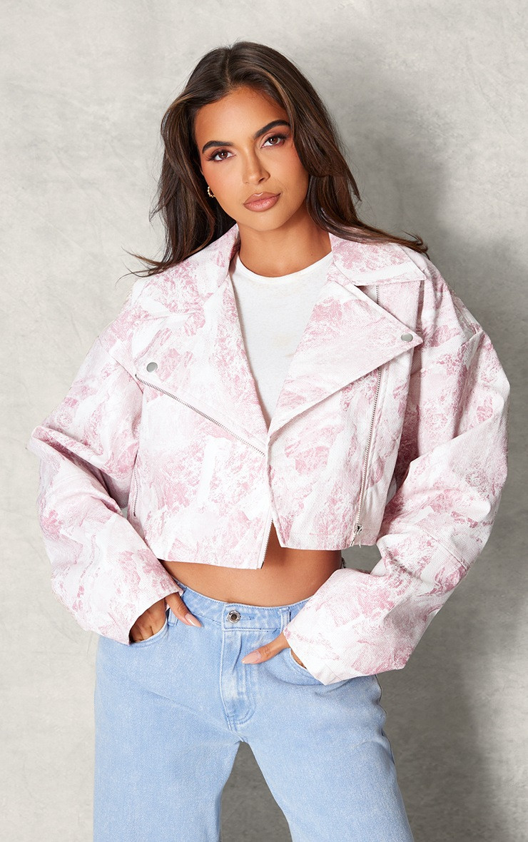 Pink Printed Textured Faux Leather Crop Biker Jacket | PrettyLittleThing US
