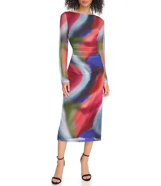 Watercolor Swirl Abstract Print Long Sleeve Boat Neck Mesh Midi Bodycon Dress | Dillard's