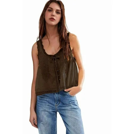 Women Summer Boho Tie Front Tops Lace Beach Button Down Tank Top Sleeveless Mesh Chiffon Crop Tops Y2k Clothes 2025 Dark Brown M | Walmart (US)