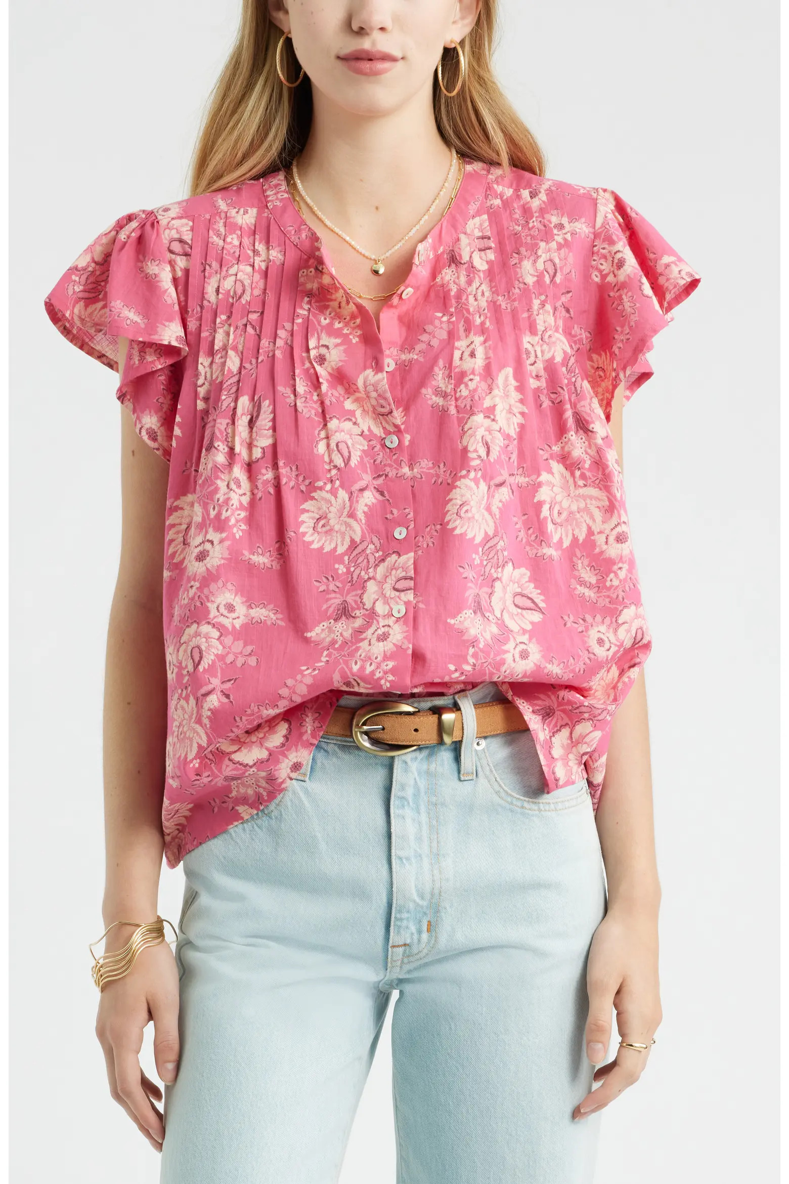 Treasure & Bond Floral Cotton Pintuck Flutter Sleeve Top (Women) | Nordstrom | Nordstrom