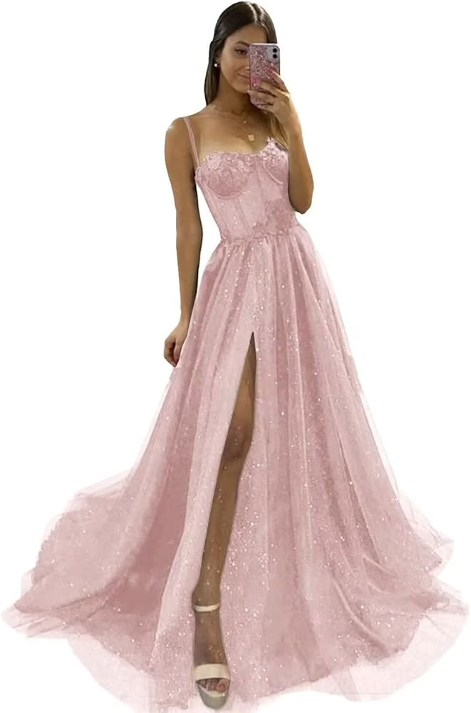 Women's Glitter Tulle Prom Dresses Long 2023 Spaghetti Straps Sweetheart Formal Evening Party Gow... | Amazon (US)