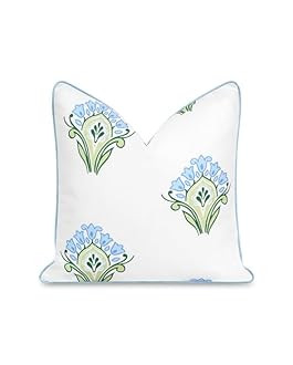 Hofdeco Premium Grandmillennial Patio Indoor Outdoor Throw Pillow Cover Only, 20"x20" Water Repellent for Backyard, Couch, Poolside, Baby Blue Pink Print Watercolor Striped Lily of The Valley | Amazon (US)