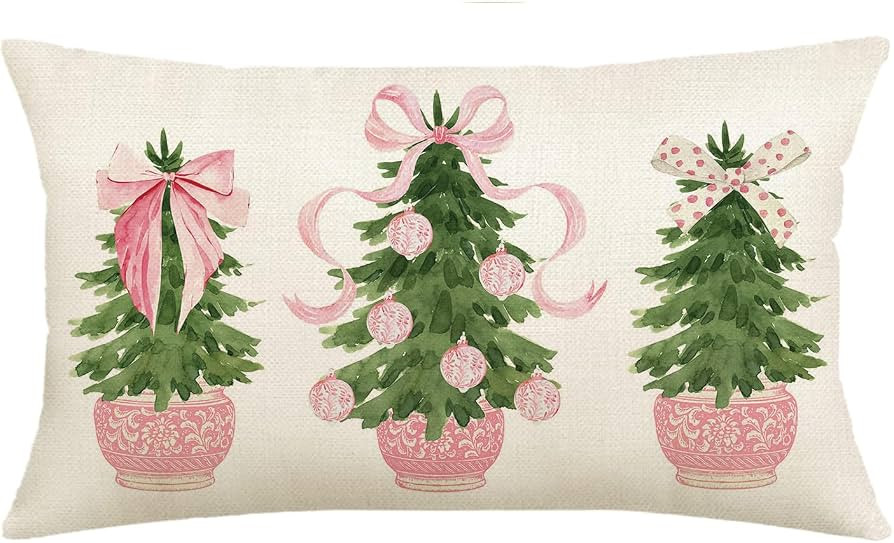 Pink Christmas Tree Merry Christmas Throw Pillow Cover, 12 x 20 Inch Pink Chinoiserie Christmas W... | Amazon (US)